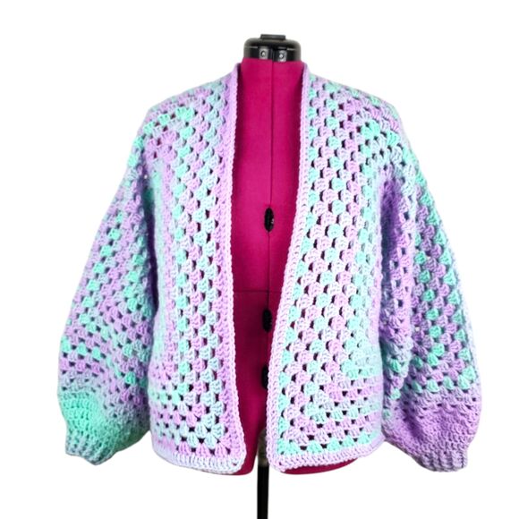Hexagon Cardigan Handmade Crochet Open Front Sweater Premium Acrylic OS - Picture 1 of 16